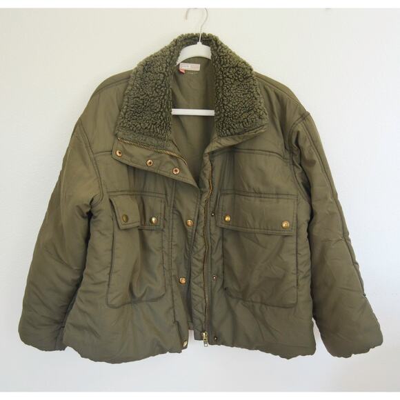 Pilcro Olive Green Cropped Puffer Jacket Sherpa Collar Size Small - Picture 3 of 8